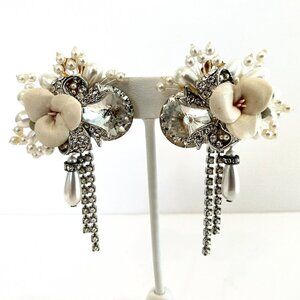 Rare Vintage Hand Beaded Earrings 1983 Porcelain Flowers Pearl Austrian Crystal